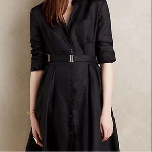 Anthropologie HD in Paris Laila 100% Linen‎ Dress Black Long Sleeve